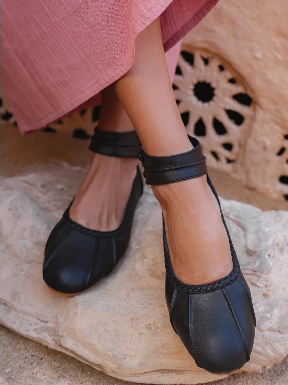 Bali elf black leather ballet flats